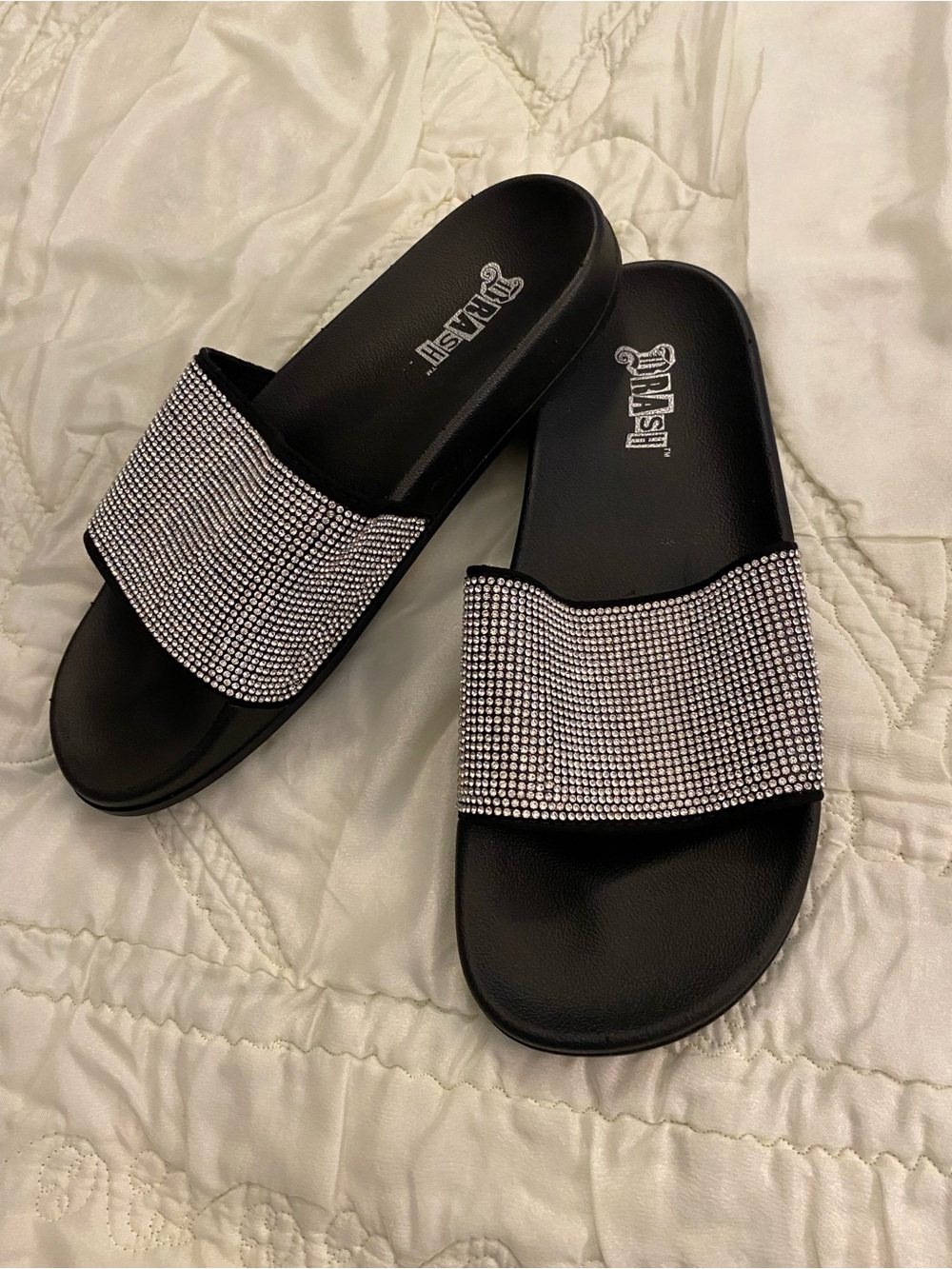 Brash Black Slide Sandals with Silver Rhinestone Strap Size 7
